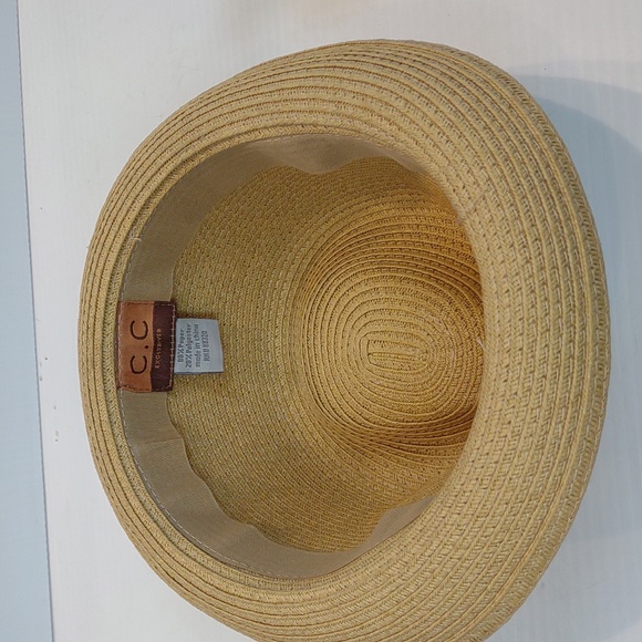 Charming Charlie Women's Tan Paper Straw Woven Fedora With Turquoise Bow Band - Picture 6 of 13